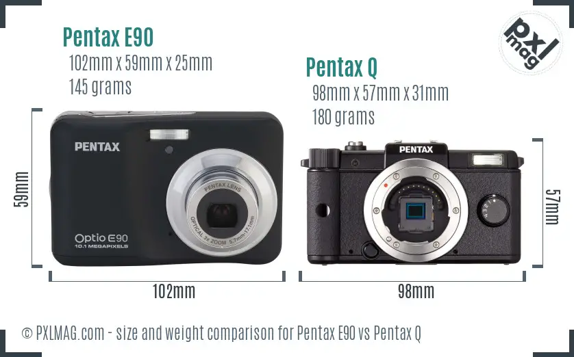 Pentax E90 vs Pentax Q size comparison