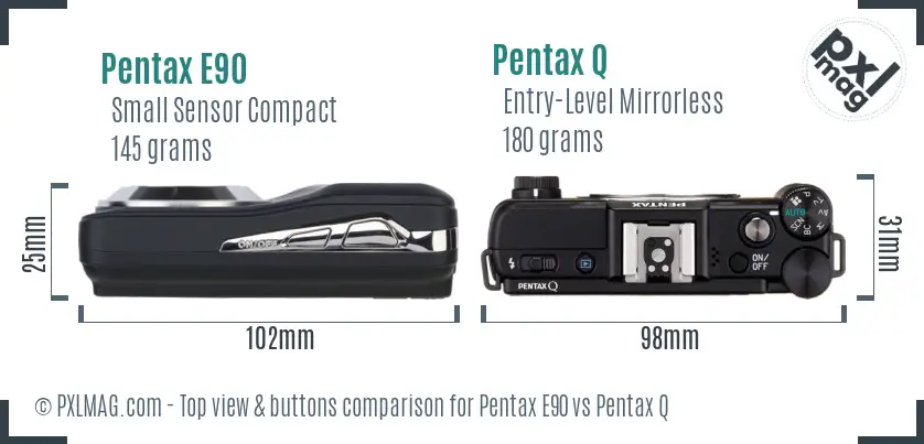 Pentax E90 vs Pentax Q top view buttons comparison