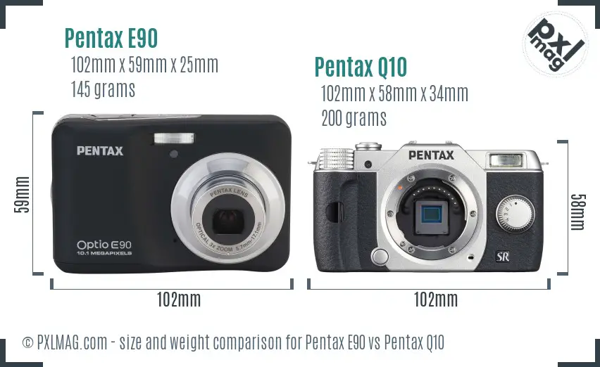 Pentax E90 vs Pentax Q10 size comparison