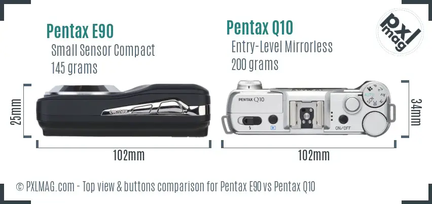 Pentax E90 vs Pentax Q10 top view buttons comparison