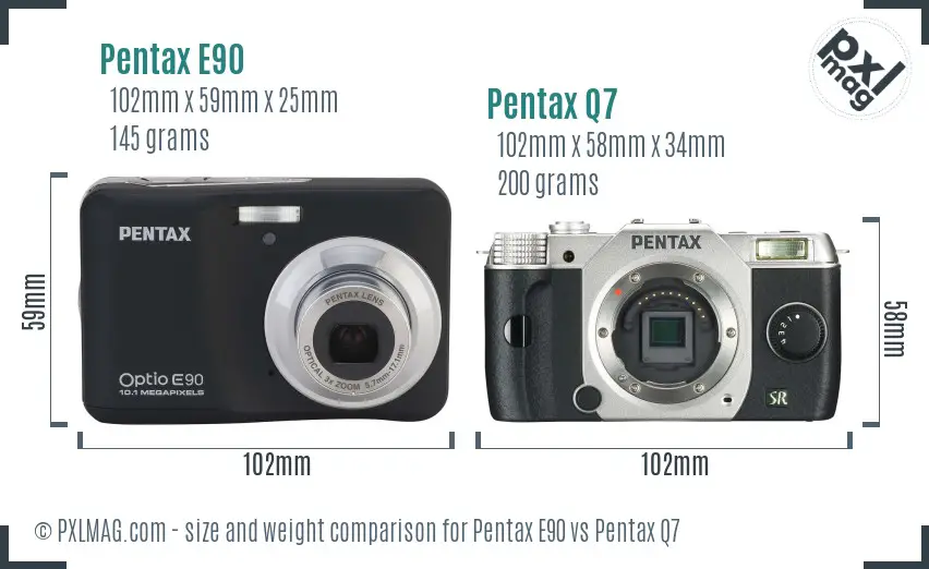 Pentax E90 vs Pentax Q7 size comparison