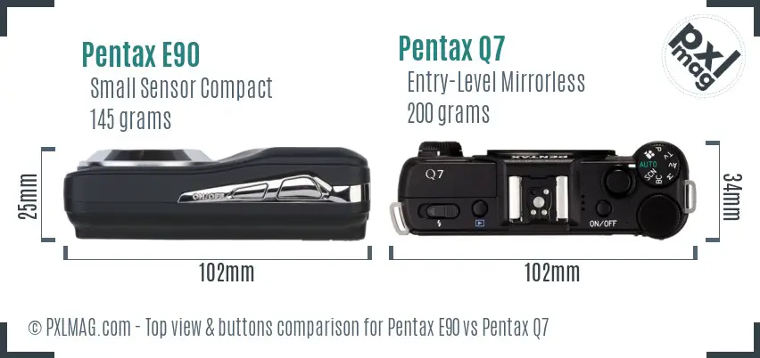 Pentax E90 vs Pentax Q7 top view buttons comparison