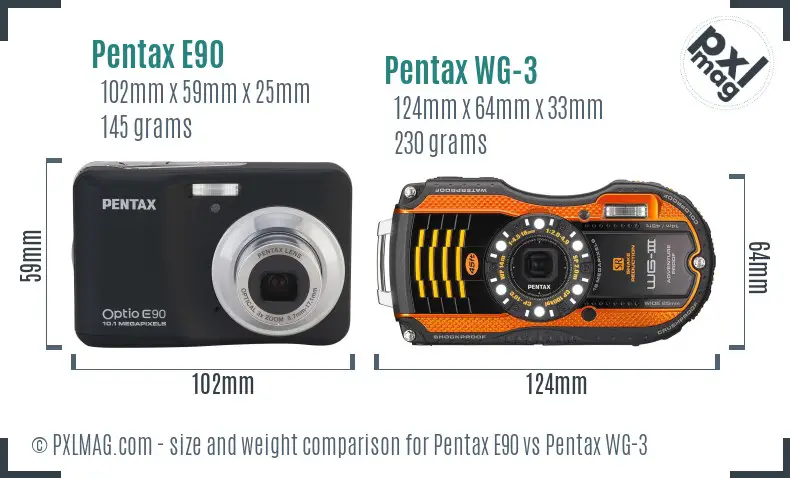 Pentax E90 vs Pentax WG-3 size comparison
