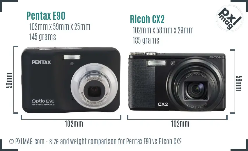 Pentax E90 vs Ricoh CX2 size comparison Pentax E90 vs Ricoh CX2 size comparison