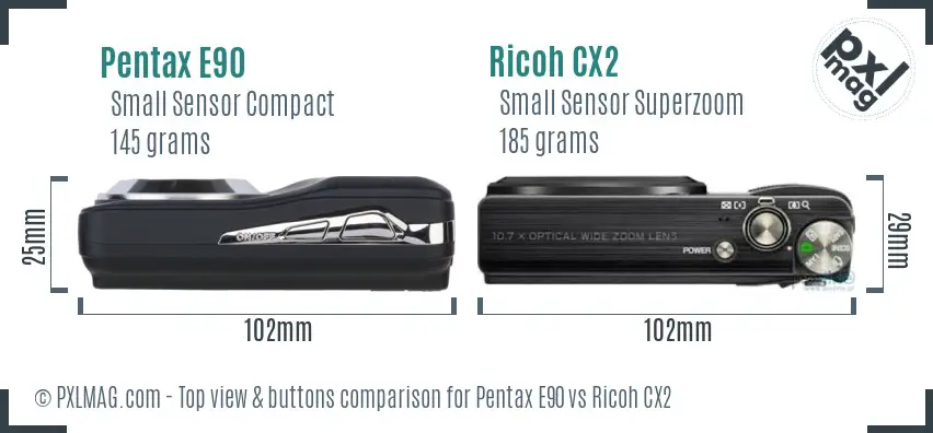 Pentax E90 vs Ricoh CX2 top view buttons comparison Pentax E90 vs Ricoh CX2 top view buttons comparison