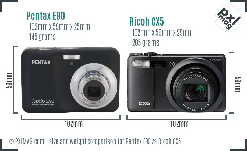 Pentax E90 vs Ricoh CX5 size comparison