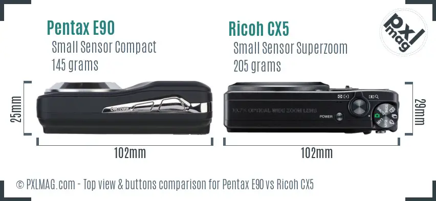 Pentax E90 vs Ricoh CX5 top view buttons comparison