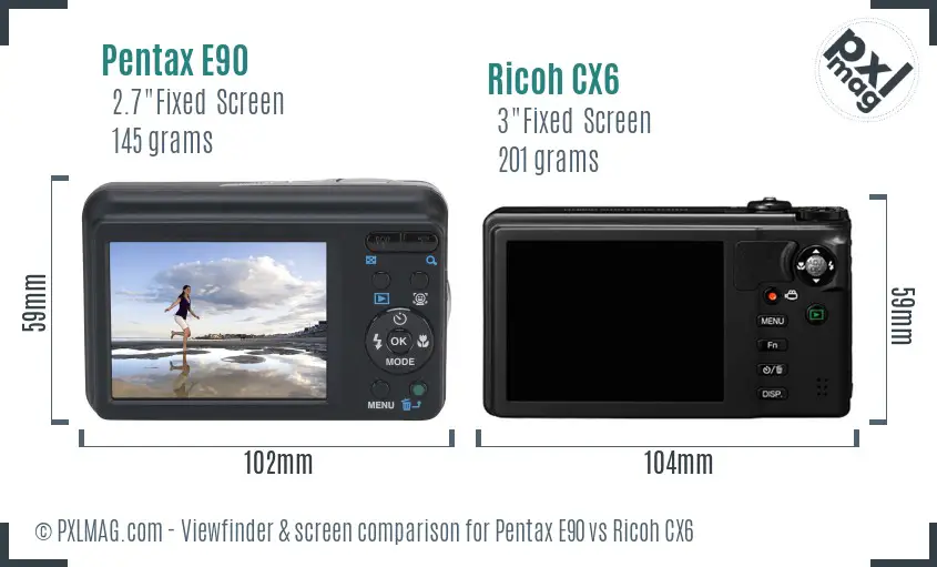 Pentax E90 vs Ricoh CX6 Screen and Viewfinder comparison