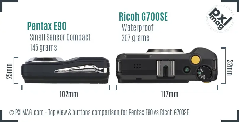 Pentax E90 vs Ricoh G700SE top view buttons comparison Pentax E90 vs Ricoh G700SE top view buttons comparison