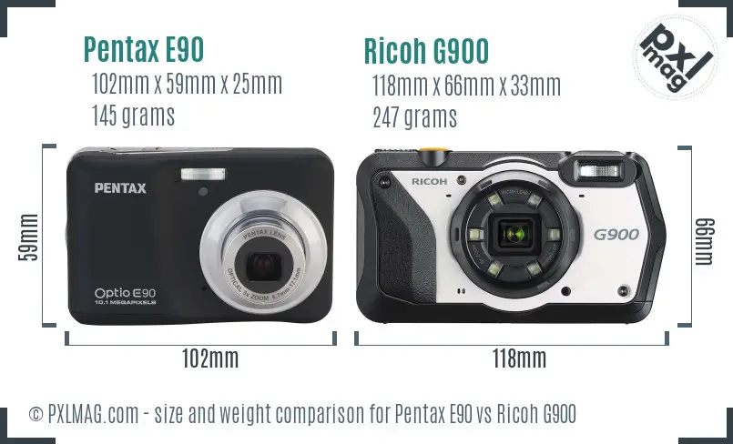 Pentax E90 vs Ricoh G900 size comparison