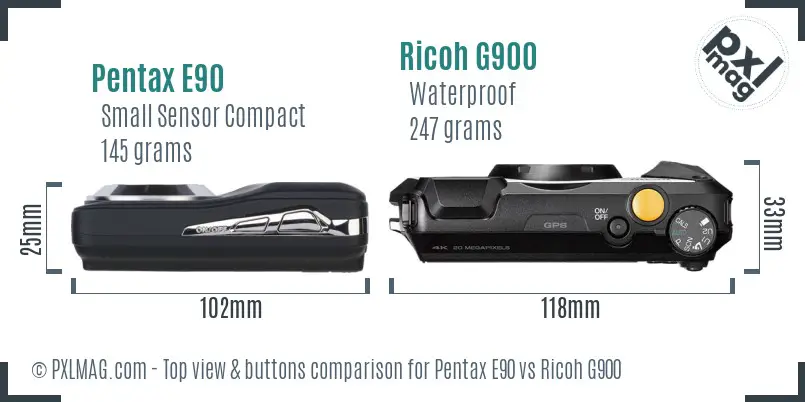 Pentax E90 vs Ricoh G900 top view buttons comparison