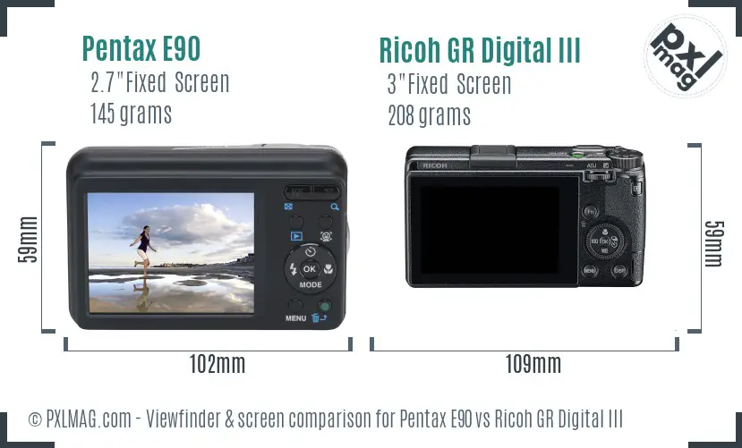 Pentax E90 vs Ricoh GR Digital III Screen and Viewfinder comparison