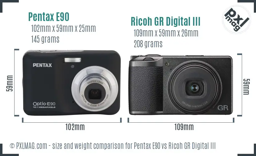 Pentax E90 vs Ricoh GR Digital III size comparison