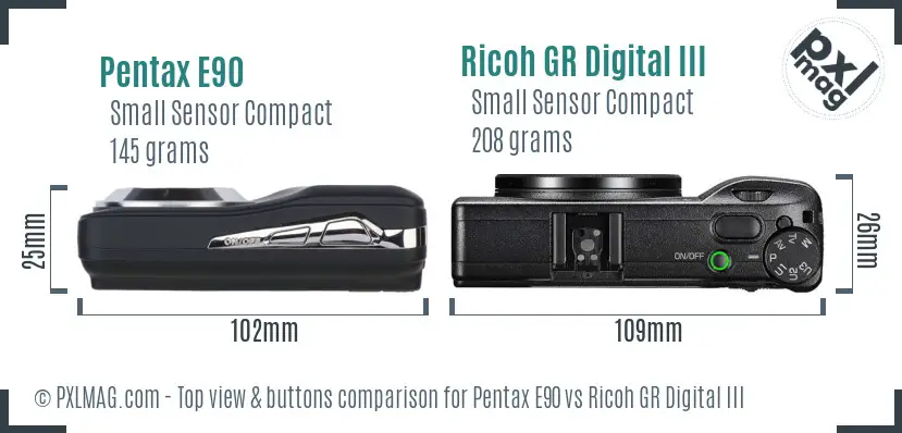 Pentax E90 vs Ricoh GR Digital III top view buttons comparison