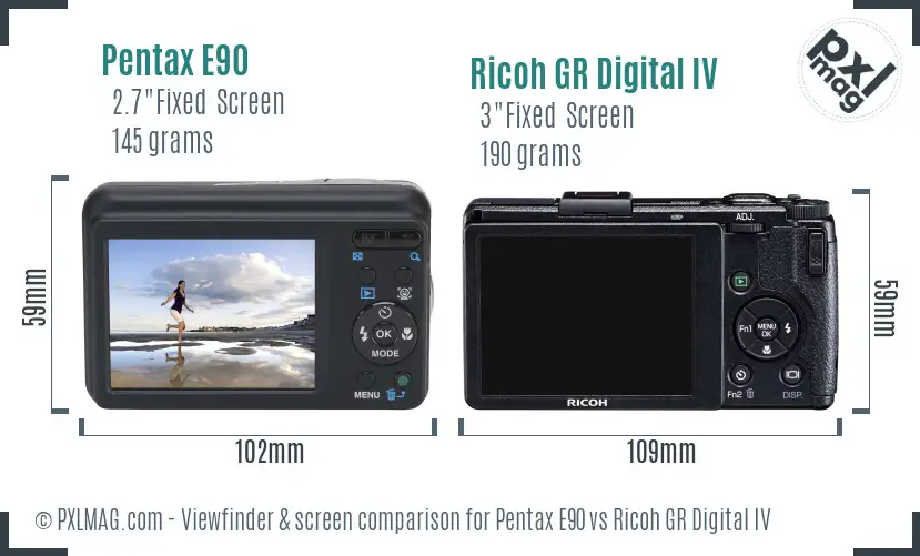 Pentax E90 vs Ricoh GR Digital IV Screen and Viewfinder comparison