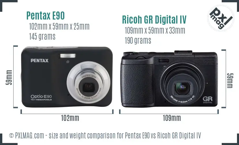 Pentax E90 vs Ricoh GR Digital IV size comparison