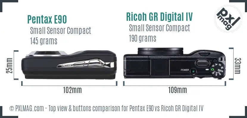 Pentax E90 vs Ricoh GR Digital IV top view buttons comparison