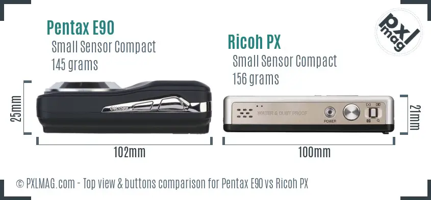 Pentax E90 vs Ricoh PX top view buttons comparison Pentax E90 vs Ricoh PX top view buttons comparison