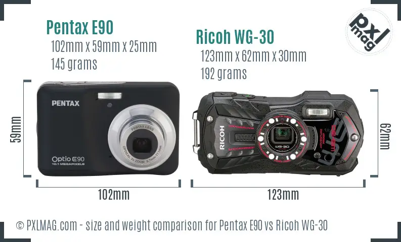 Pentax E90 vs Ricoh WG-30 size comparison