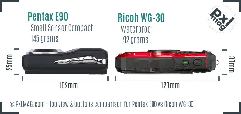 Pentax E90 vs Ricoh WG-30 top view buttons comparison