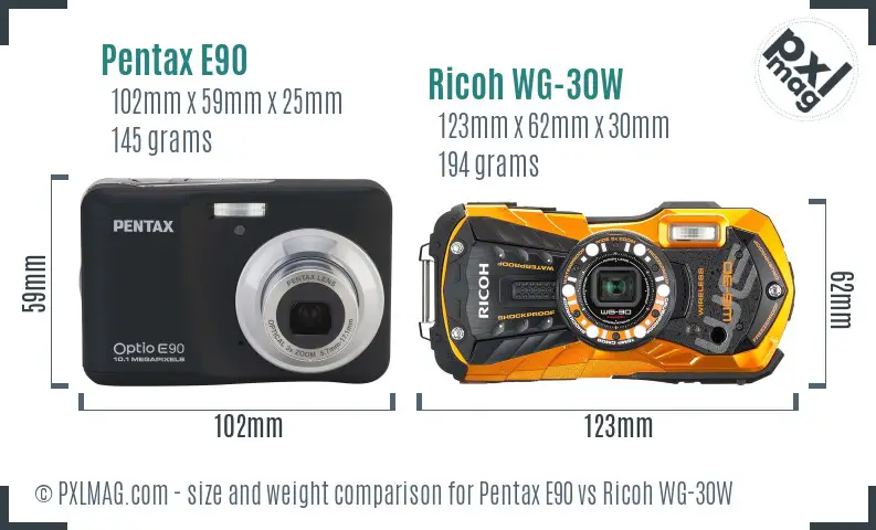 Pentax E90 vs Ricoh WG-30W size comparison