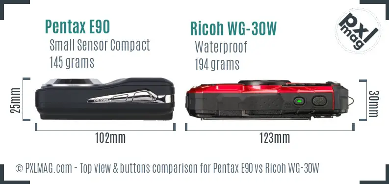 Pentax E90 vs Ricoh WG-30W top view buttons comparison