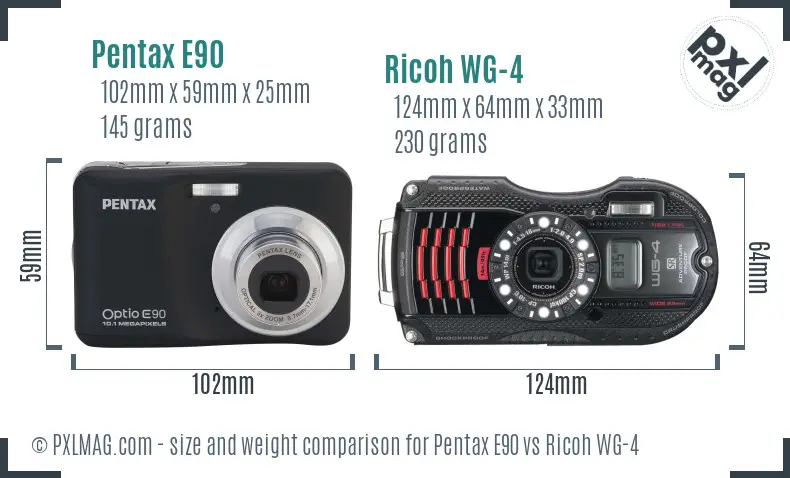 Pentax E90 vs Ricoh WG-4 size comparison