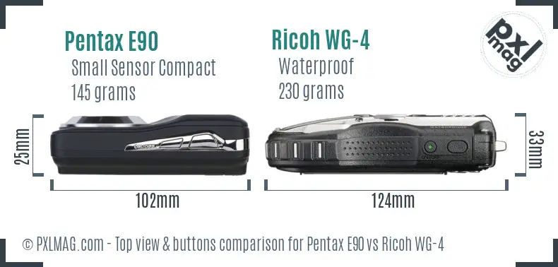 Pentax E90 vs Ricoh WG-4 top view buttons comparison