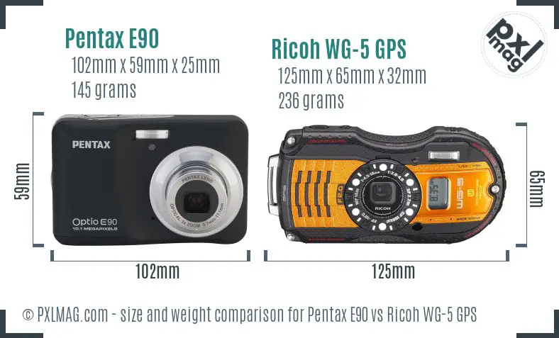 Pentax E90 vs Ricoh WG-5 GPS size comparison