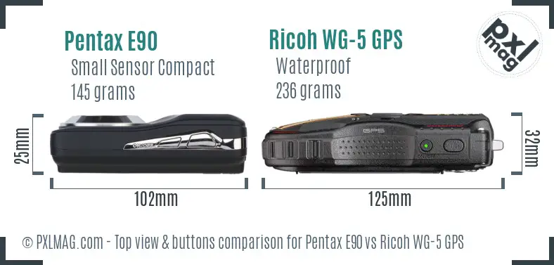 Pentax E90 vs Ricoh WG-5 GPS top view buttons comparison