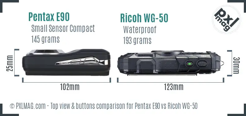 Pentax E90 vs Ricoh WG-50 top view buttons comparison