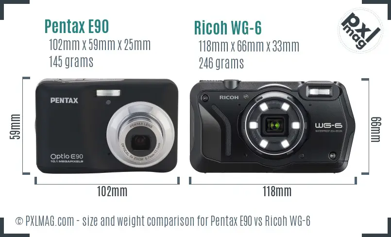 Pentax E90 vs Ricoh WG-6 size comparison