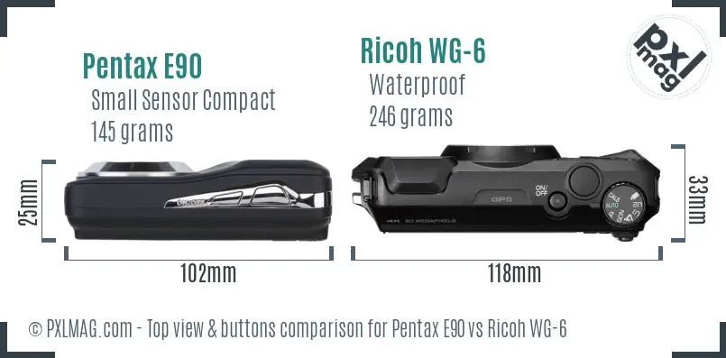 Pentax E90 vs Ricoh WG-6 top view buttons comparison