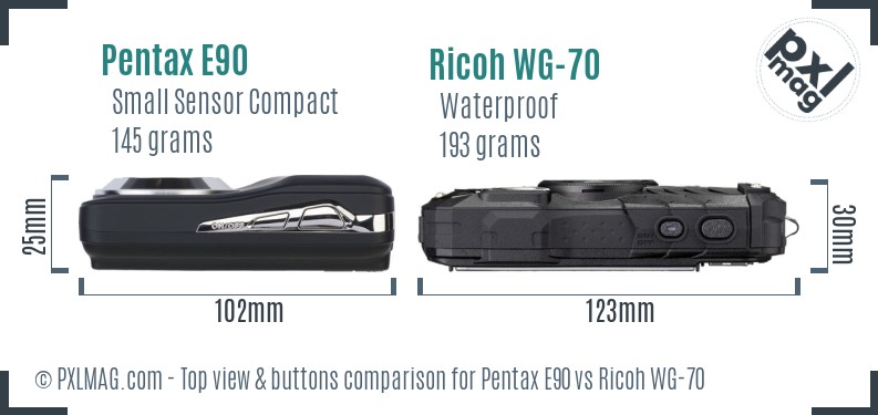 Pentax E90 vs Ricoh WG-70 top view buttons comparison