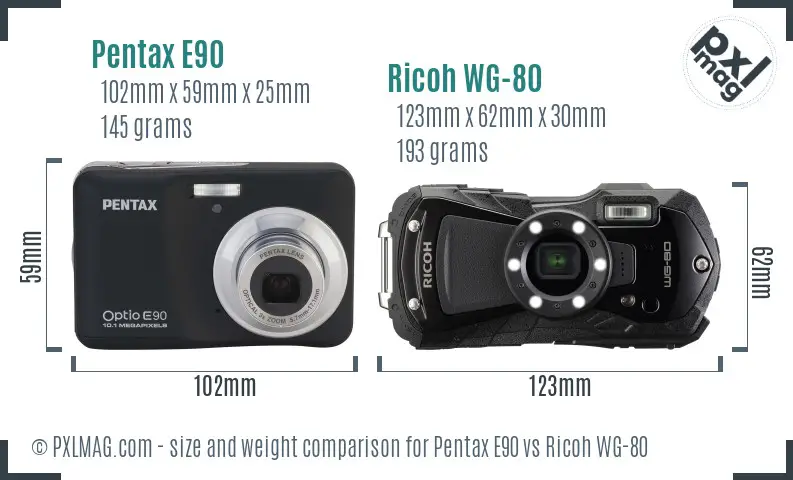 Pentax E90 vs Ricoh WG-80 size comparison