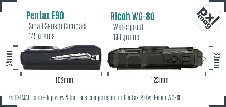 Pentax E90 vs Ricoh WG-80 top view buttons comparison