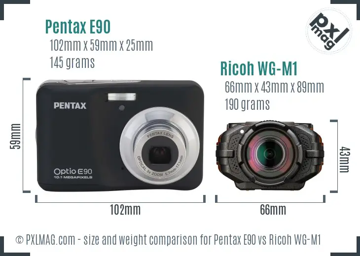 Pentax E90 vs Ricoh WG-M1 size comparison
