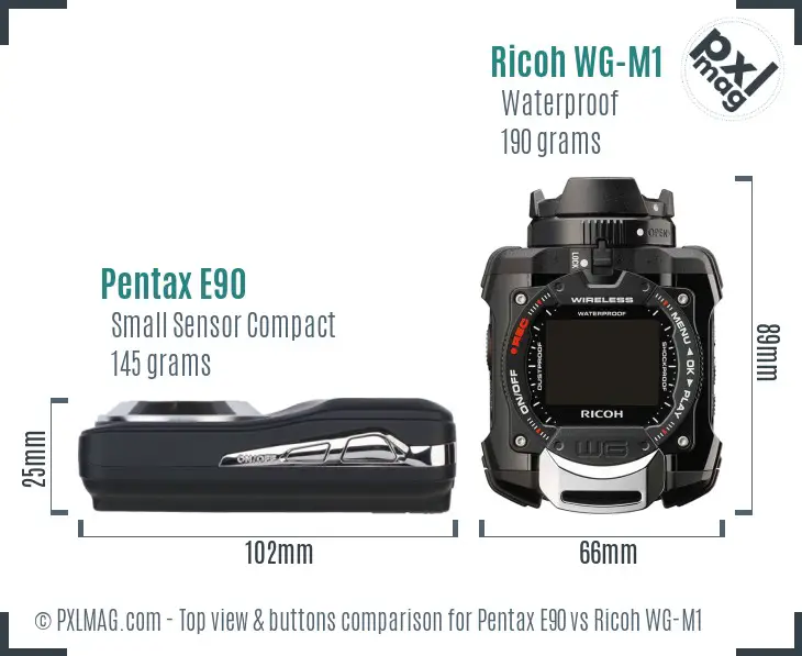 Pentax E90 vs Ricoh WG-M1 top view buttons comparison