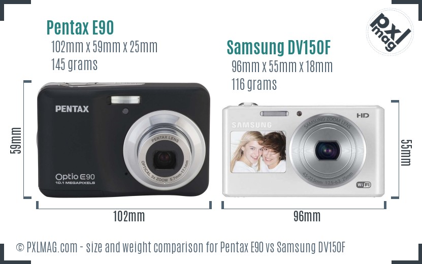 Pentax E90 vs Samsung DV150F size comparison