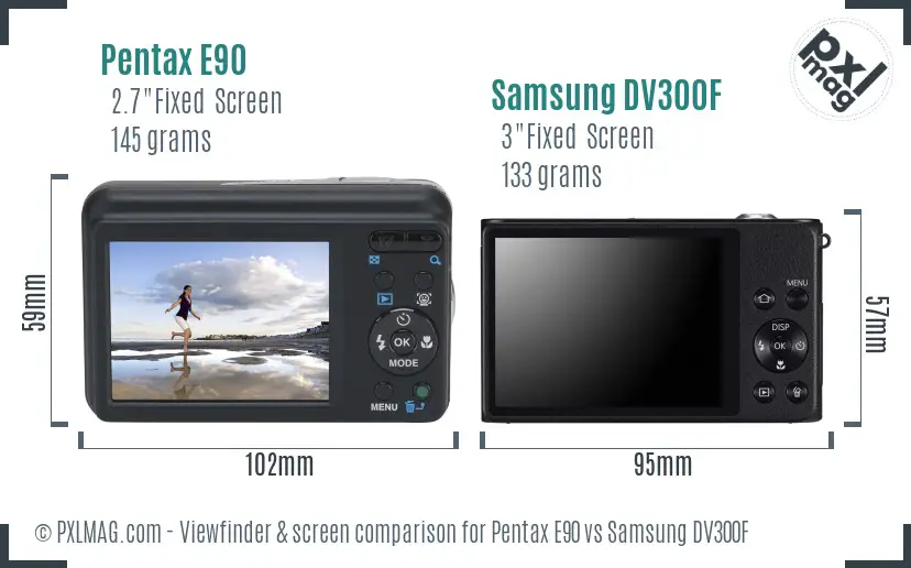 Pentax E90 vs Samsung DV300F Screen and Viewfinder comparison