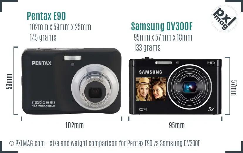 Pentax E90 vs Samsung DV300F size comparison