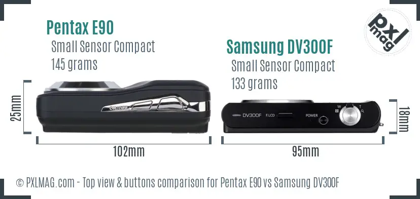 Pentax E90 vs Samsung DV300F top view buttons comparison