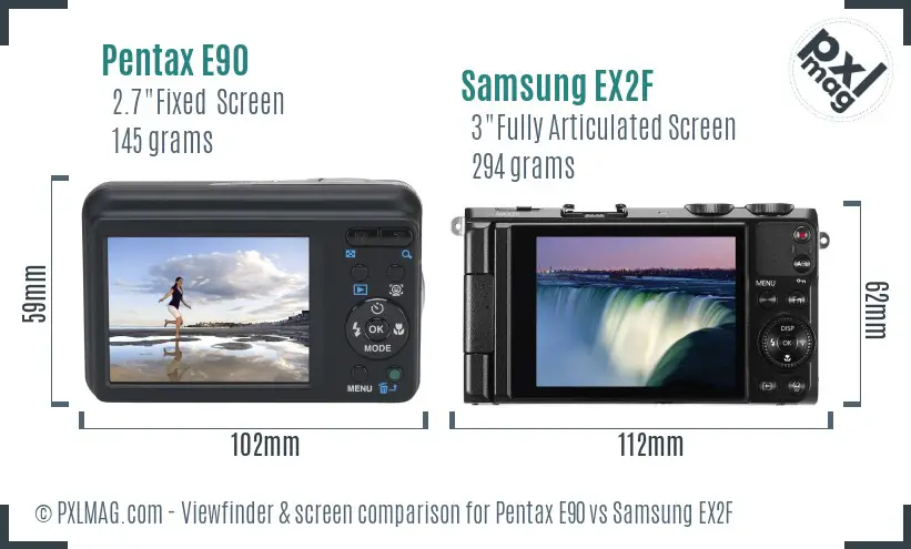 Pentax E90 vs Samsung EX2F Screen and Viewfinder comparison