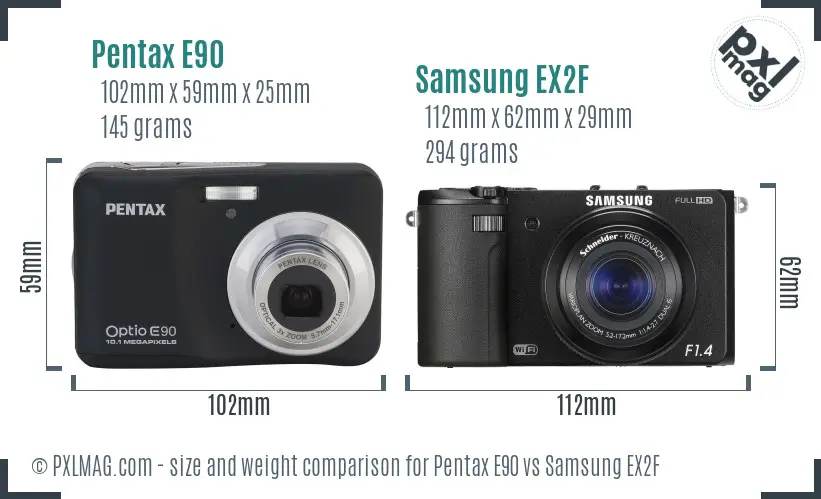 Pentax E90 vs Samsung EX2F size comparison
