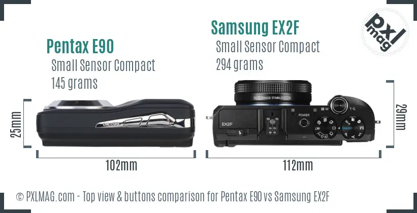 Pentax E90 vs Samsung EX2F top view buttons comparison