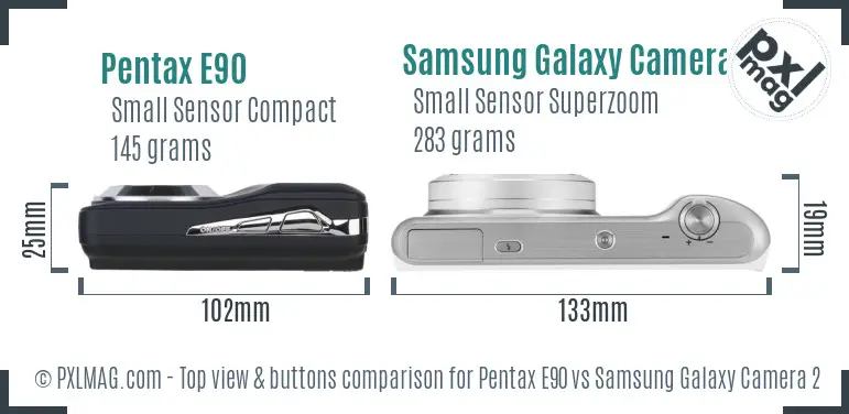 Pentax E90 vs Samsung Galaxy Camera 2 top view buttons comparison Pentax E90 vs Samsung Galaxy Camera 2 top view buttons comparison