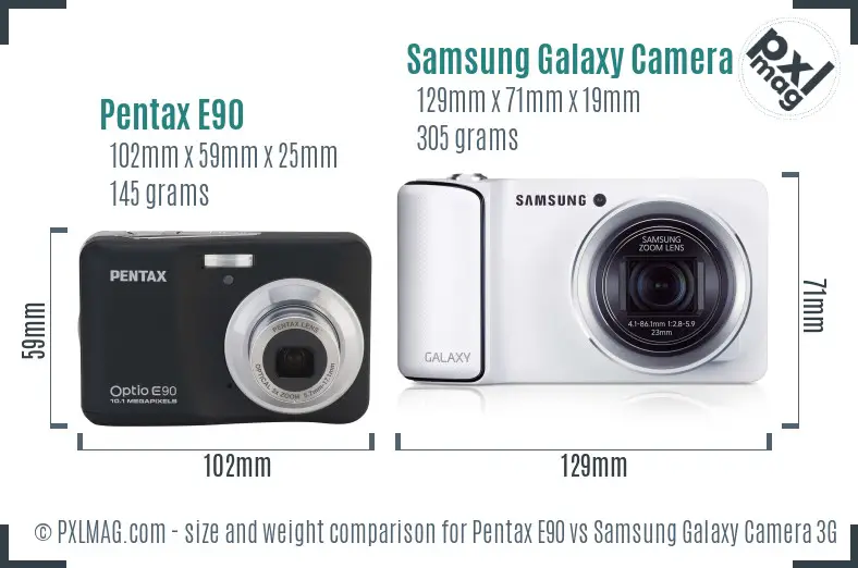 Pentax E90 vs Samsung Galaxy Camera 3G size comparison