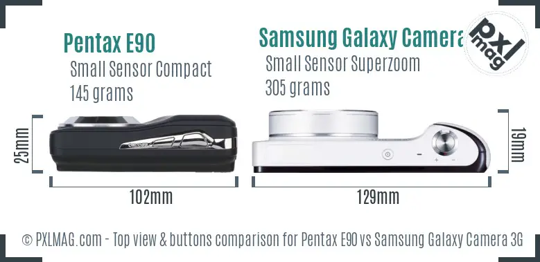 Pentax E90 vs Samsung Galaxy Camera 3G top view buttons comparison