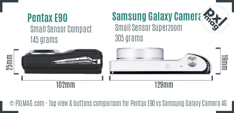 Pentax E90 vs Samsung Galaxy Camera 4G top view buttons comparison Pentax E90 vs Samsung Galaxy Camera 4G top view buttons comparison