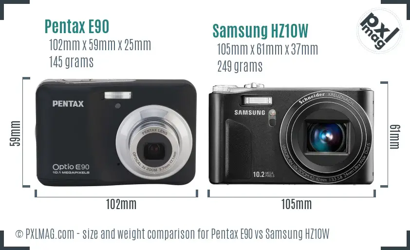 Pentax E90 vs Samsung HZ10W size comparison